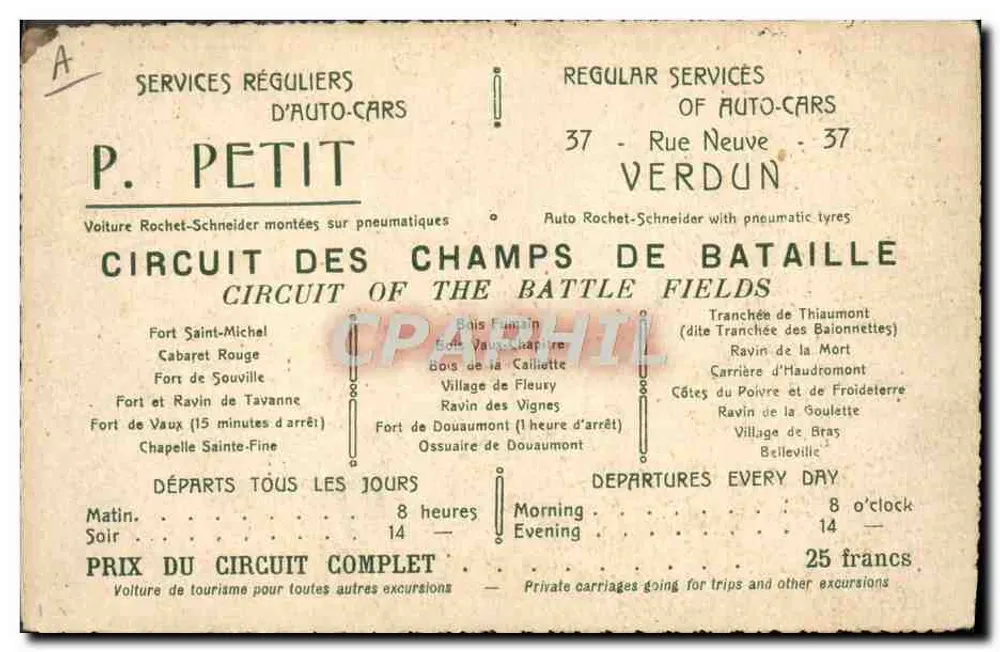 Circuit des Forts — carte touristique du secteur de Verdun — éditeur P. Petit, Verdun - Rückseite