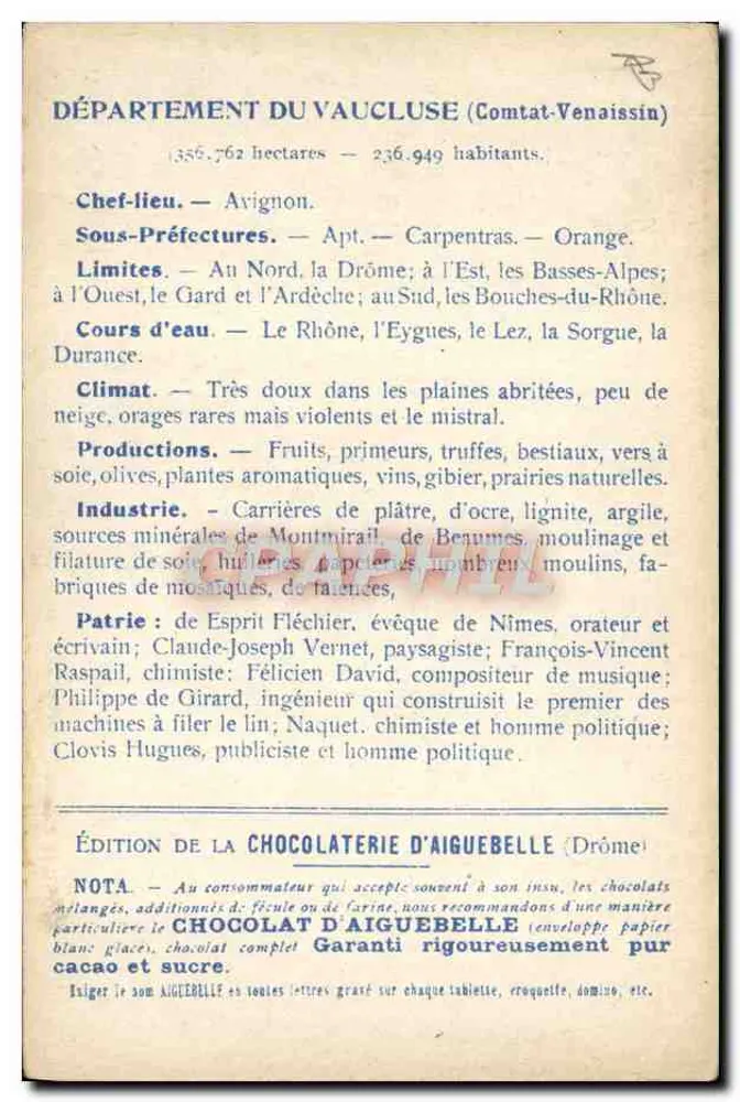 Die Departements: VAUCLUSE — Ausgabe der CHOCOLATERIE D'AIGUEBELLE - Rückseite