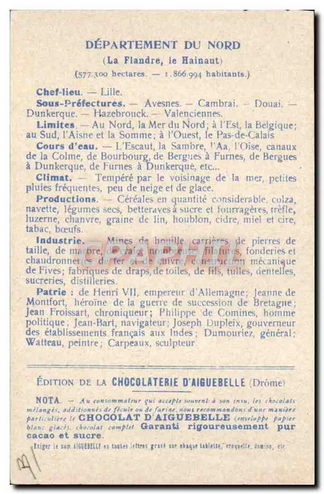 Die Departements: NORD — Ausgabe der CHOCOLATERIE D'AIGUEBELLE - Rückseite