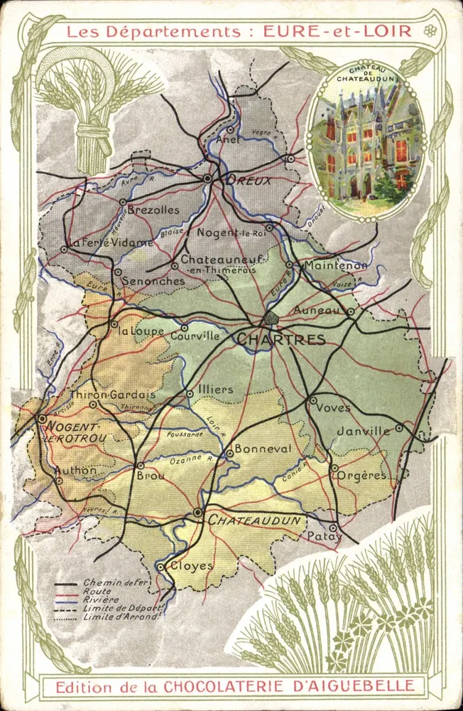 Die Departements: EURE-ET-LOIR — Geografische Karte mit Illustration des Schlosses Châteaudun — Ausgabe der CHOCOLATERIE D'AIGUEBELLE - Vorderseite