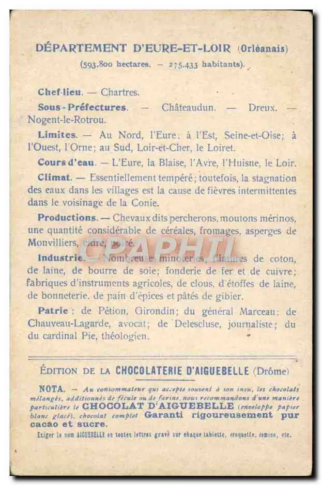 Die Departements: EURE-ET-LOIR — Geografische Karte mit Illustration des Schlosses Châteaudun — Ausgabe der CHOCOLATERIE D'AIGUEBELLE - Rückseite