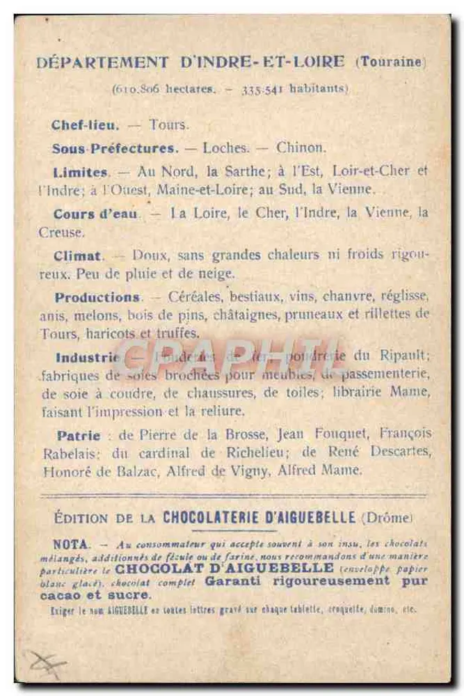 Die Departements: INDRE-et-LOIRE — Edition der CHOCOLATERIE D'AIGUEBELLE - Rückseite