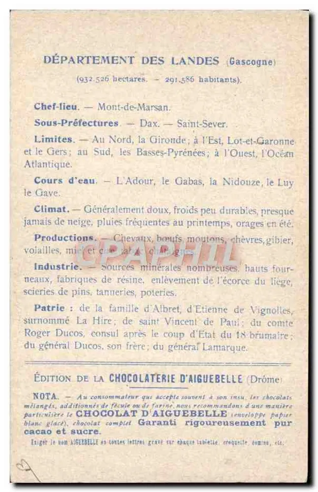 Die Departements: LANDES — Ausgabe der CHOCOLATERIE D'AIGUEBELLE - Rückseite