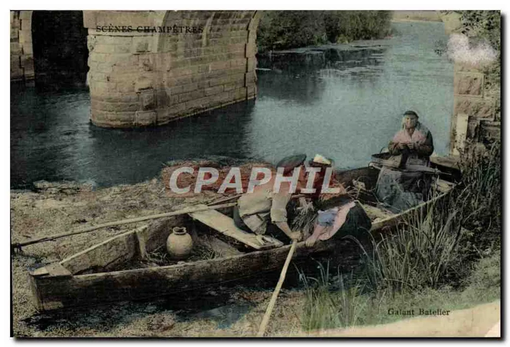 Scènes Champêtres — Pont en pierre et pêcheur — Galant Batelier - Frente