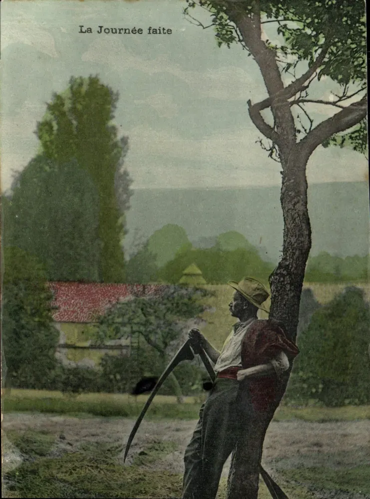 Agriculteur reposant — scène champêtre avec moissonneur et maison à toit rouge — éditeur L. PELLEUX ou CASTIER - Frente