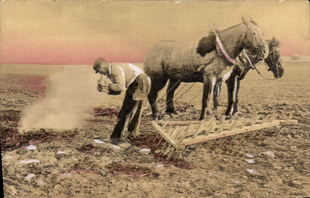 Uma boa época — Paisagem rural com homem e cavalos — Raphael Tuck & Fils, Série AB - Frente