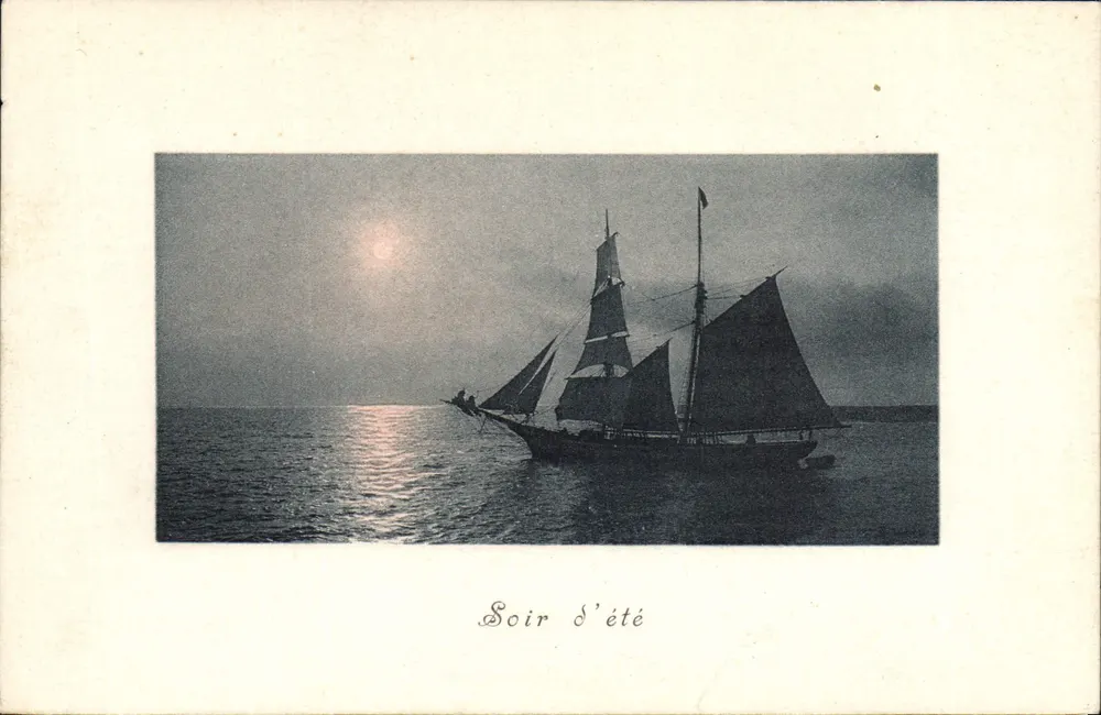 Noite de verão — Vista de um barco a vela ao entardecer — S. 17, Edit. Brunner & C., Como e Zürich - Frente