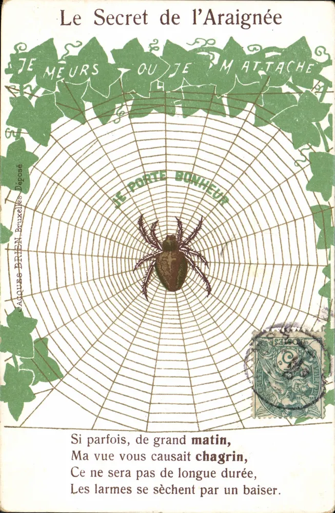 Das Geheimnis der Spinne — Gedicht auf einer Spinnweb — Verlag Caquours Bruyens, Seriennummer nicht sichtbar - Vorderseite
