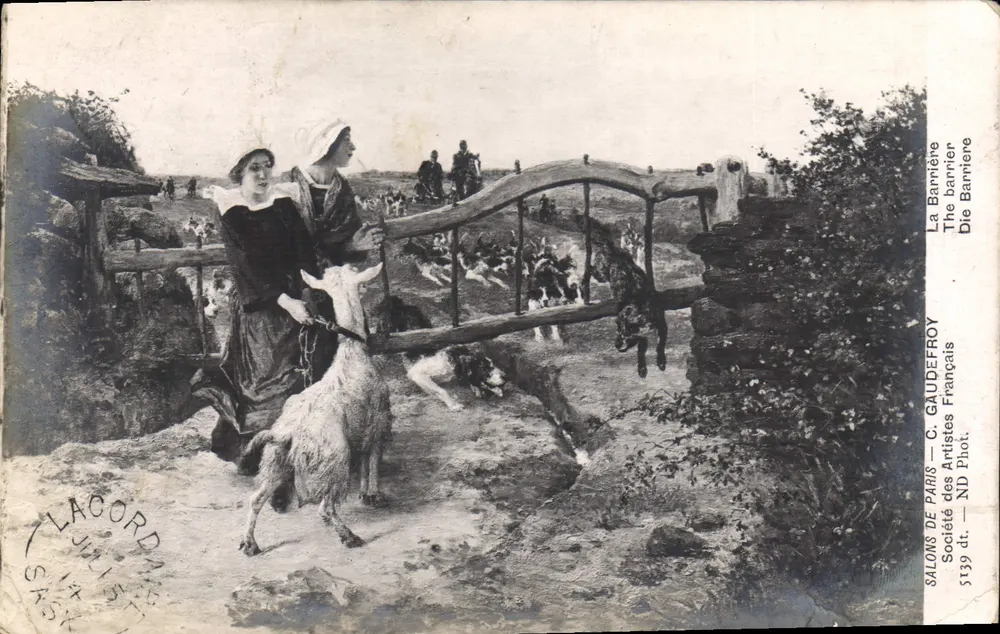 La Barrière — scène de bergers avec moutons et chien — C. GAUDEFRoy, SALONS DE PARIS - Frente