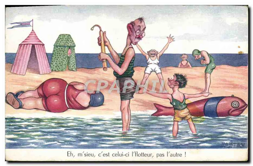 Strand — humorvoller Szene mit einem Mann und einem Kind — Redrav - Vorderseite