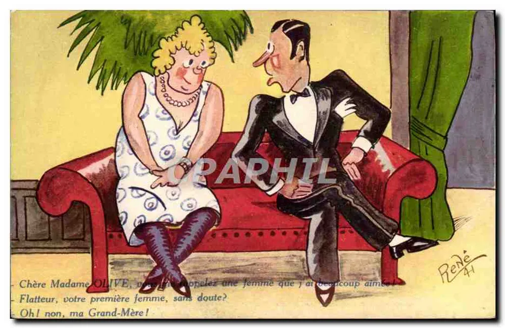Scène humoristique — couple sur canapé — dessin de René 41 - Frente