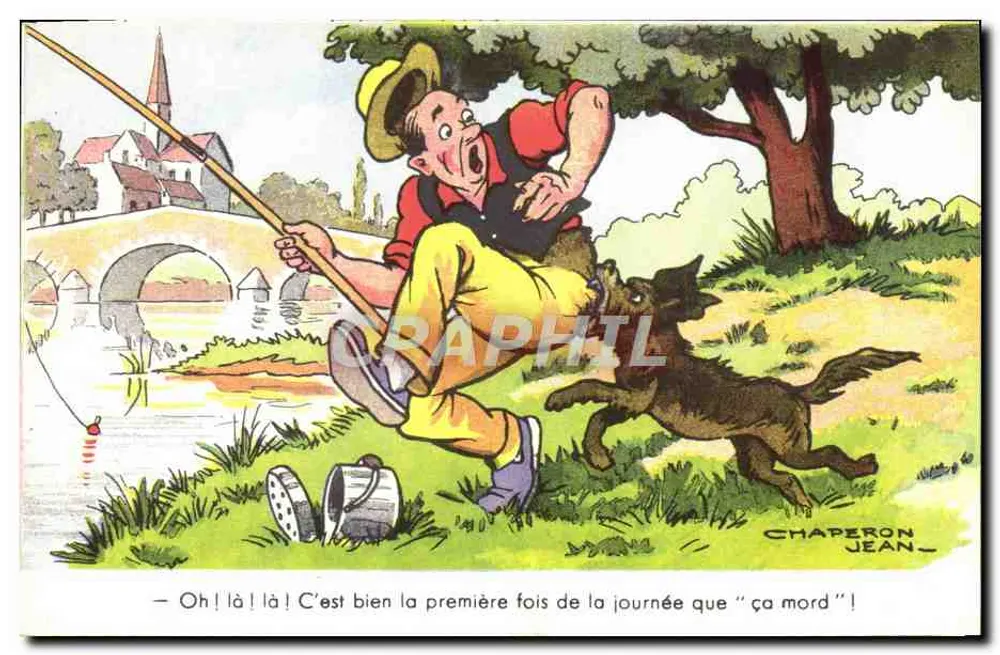 Fischer, überrascht von einem Hund — humorvolle Szene — Chaperon Jean, humorvolle Serie 549 - Vorderseite