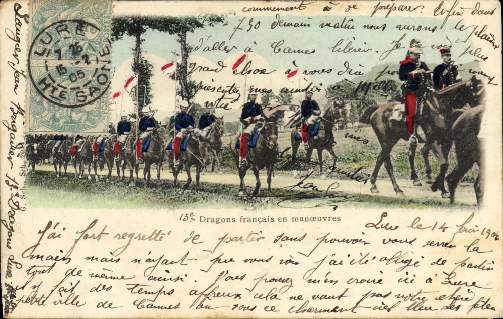 13. französische Dragoner im Manöver — Lure, Hte Saône — Verlag G. Sahl, Nr. 13 - Vorderseite