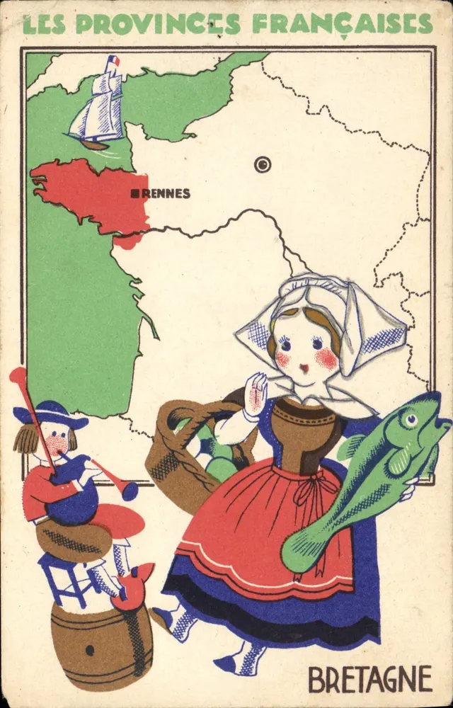 Bretagne — carte illustrée avec paysanne et musicien — Édition spéciale des Produits Éclipse - Frente