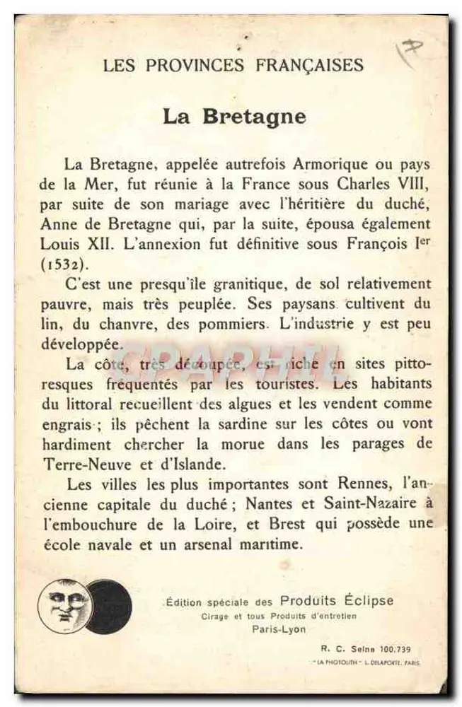 Bretagne — carte illustrée avec paysanne et musicien — Édition spéciale des Produits Éclipse - Verso