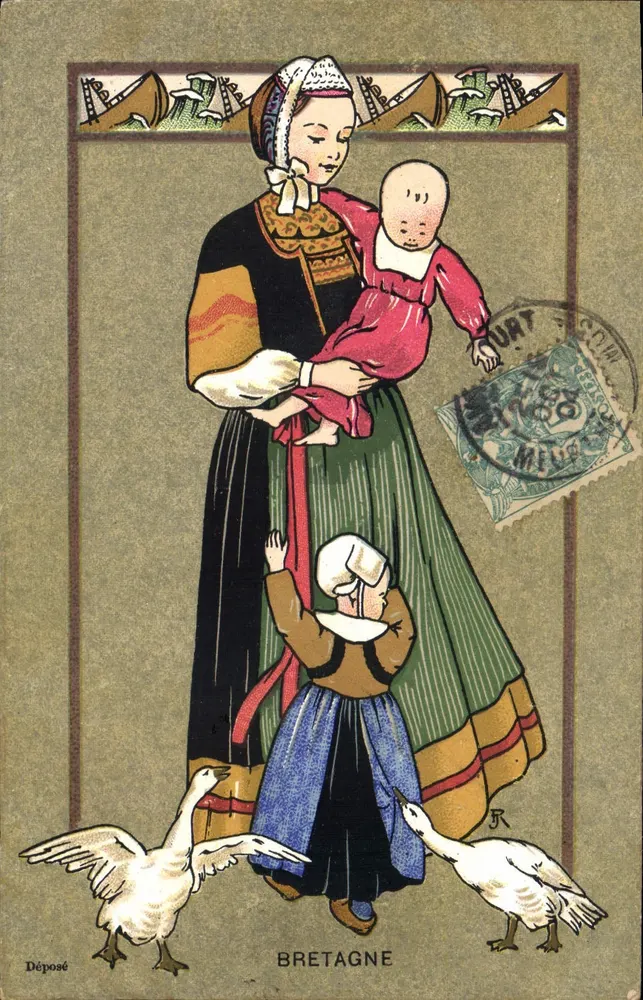 Bretagne — Frau im traditionellen Kleid mit Baby und Kind, mit Enten — Verlag GERIN, Paris - Vorderseite