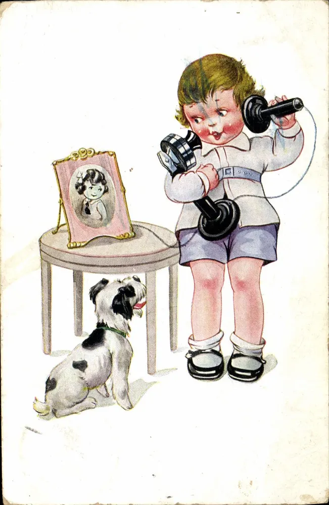 Kind mit Telefon und Hund — Illustration — unbekannter Verlag - Vorderseite