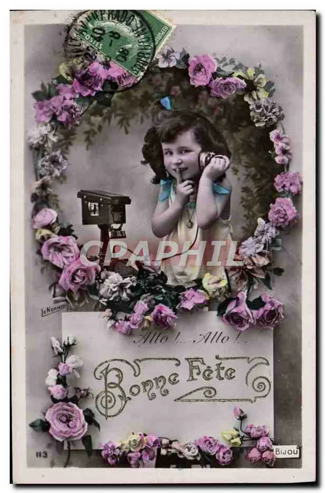 Mädchen am Telefon — Blumenmuster — Verlag Le Normand, Nr. 113 - Vorderseite