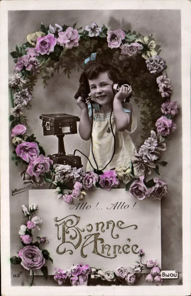 Mädchen mit Telefon — Frohe Neujahr — LeNormand Phot, n°113, Bijou - Vorderseite