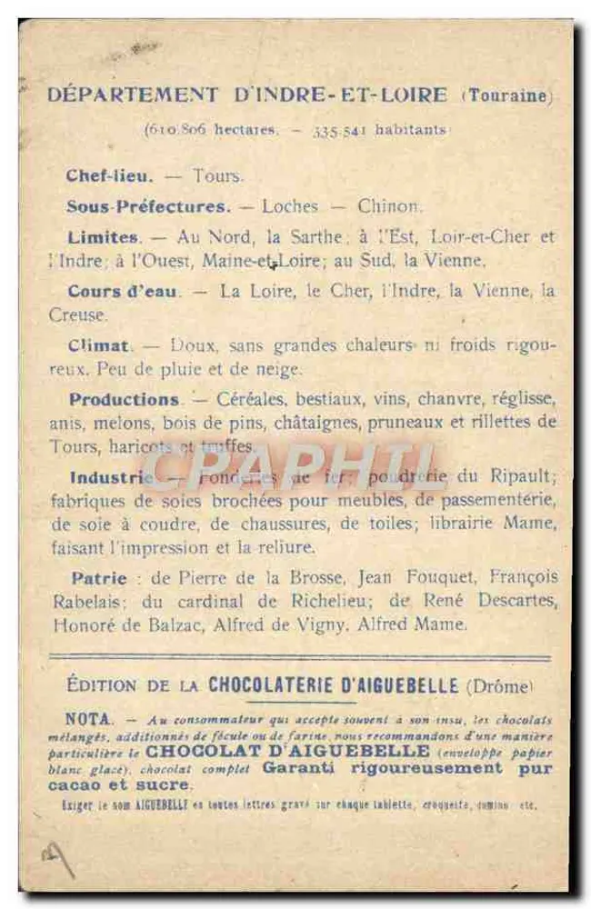 Departement Indre-et-Loire — Touraine — Ausgabe der Schokoladenfabrik Aiguebelle - Rückseite