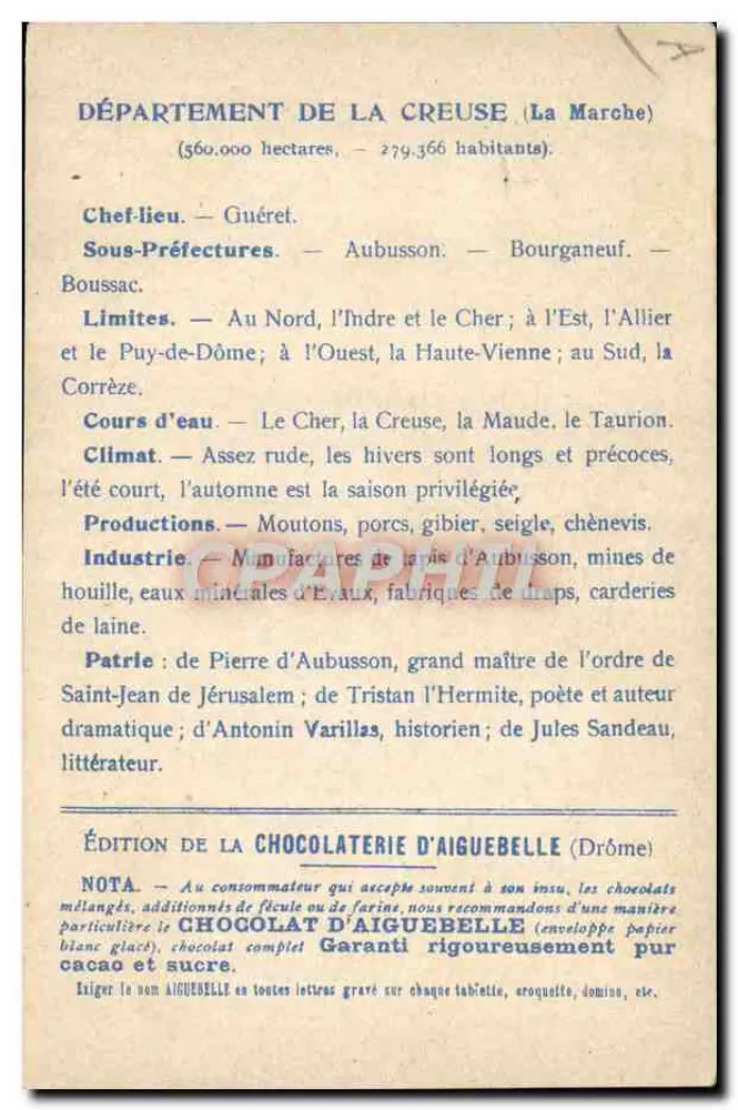 Département Creuse — Geografische und beschreibende Karte — Ausgabe von Chocolaterie d'Aiguebelle - Rückseite