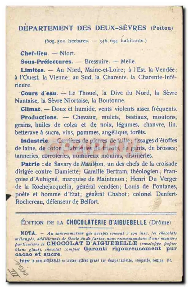 Die Departemente: DEUX-SÈVRES — Ausgabe der CHOCOLATERIE D'AIGUEBELLE - Rückseite