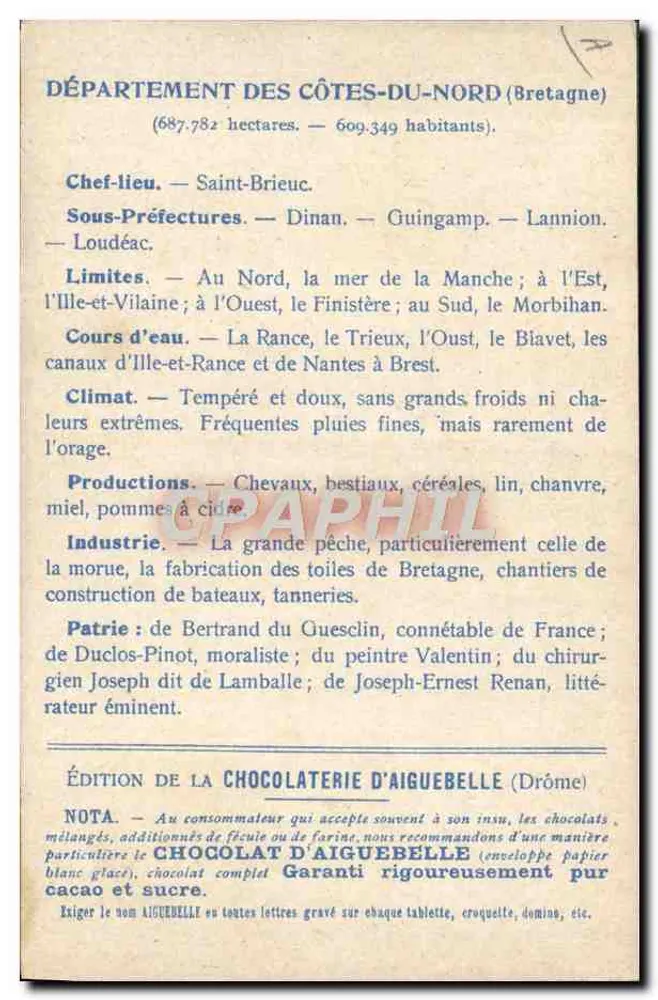 Die Departemente: CÔTES-DU-NORD — Ausgabe der CHOCOLATERIE D'AIGUEBELLE - Rückseite