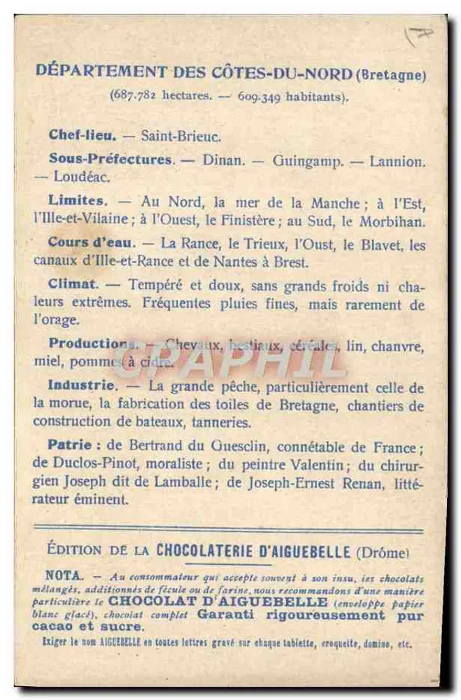 Côtes-du-Nord — Geografische und beschreibende Karte — Ausgabe der Chocolaterie d'Aiguebelle - Rückseite