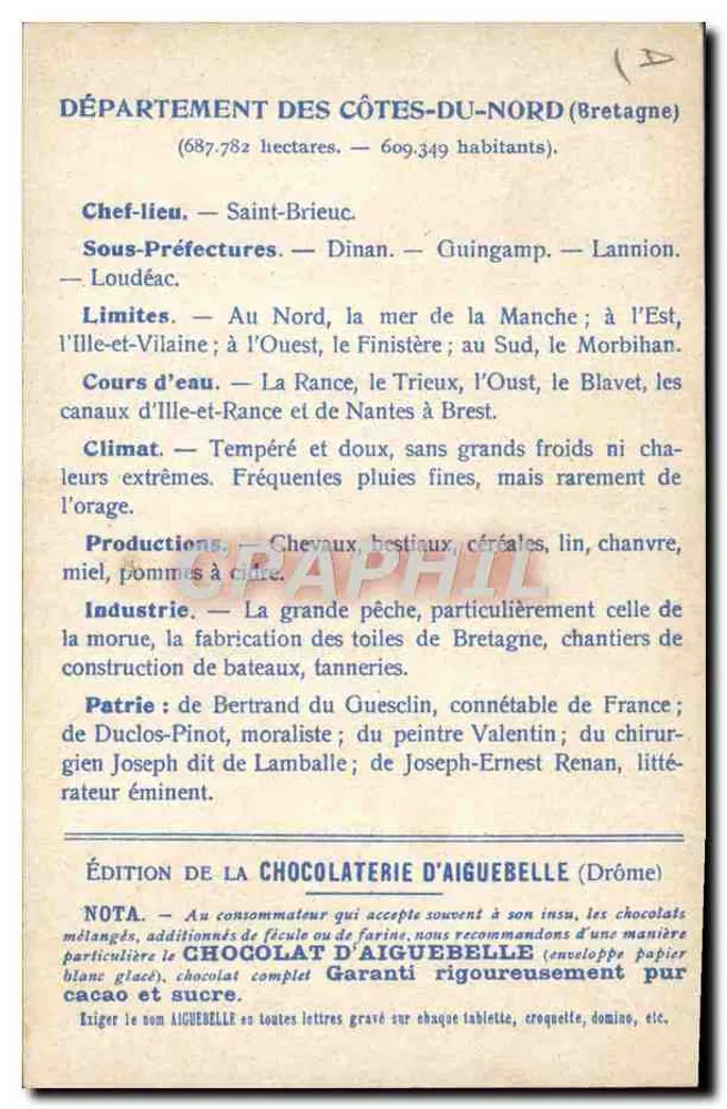 Côtes-du-Nord — Geografische und statistische Karte — Ausgabe der Schokoladenfabrik Aiguebelle - Rückseite