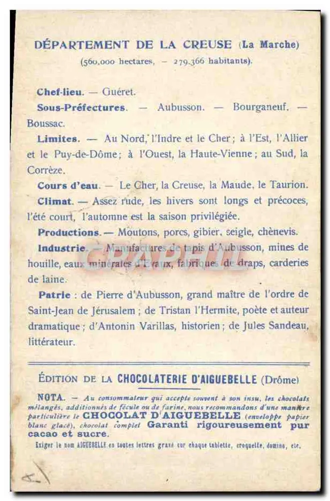 Département der Creuse — Karte und Beschreibung — Edition der Schokoladenfabrik Aiguebelle - Rückseite