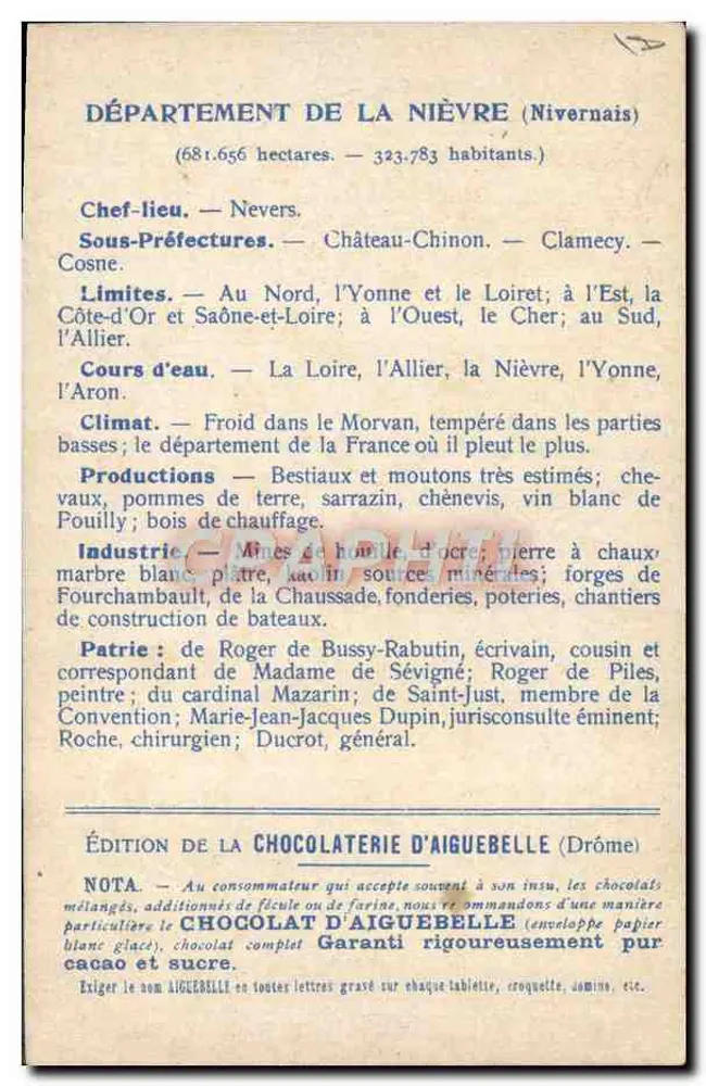 Die Departements: NIÈVRE — Ausgabe der CHOCOLATERIE D'AIGUEBELLE - Rückseite