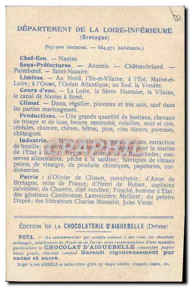 Departement Loire-Inférieure — Ausgabe der Schokoladenfabrik Aiguebelle - Rückseite
