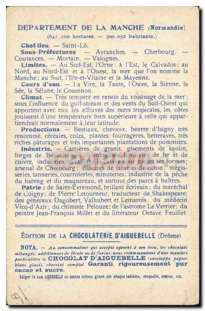Die Departements: MANCHE — Ausgabe der CHOCOLATERIE D'AIGUEBELLE - Rückseite