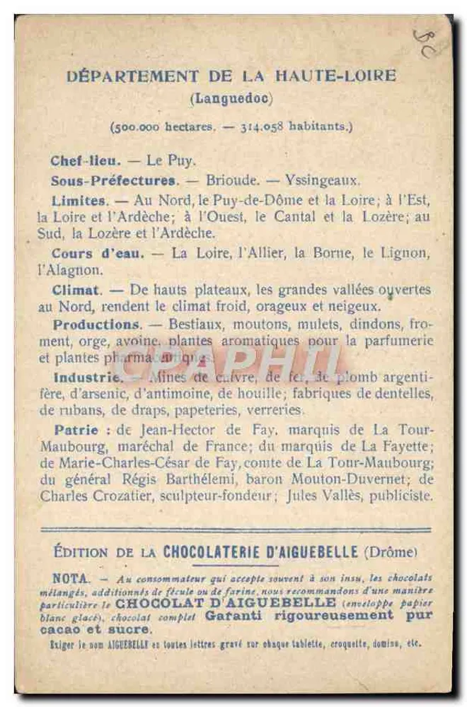Haute-Loire — Karten der Departements — Ausgabe der Schokoladenfabrik Aiguebelle - Rückseite