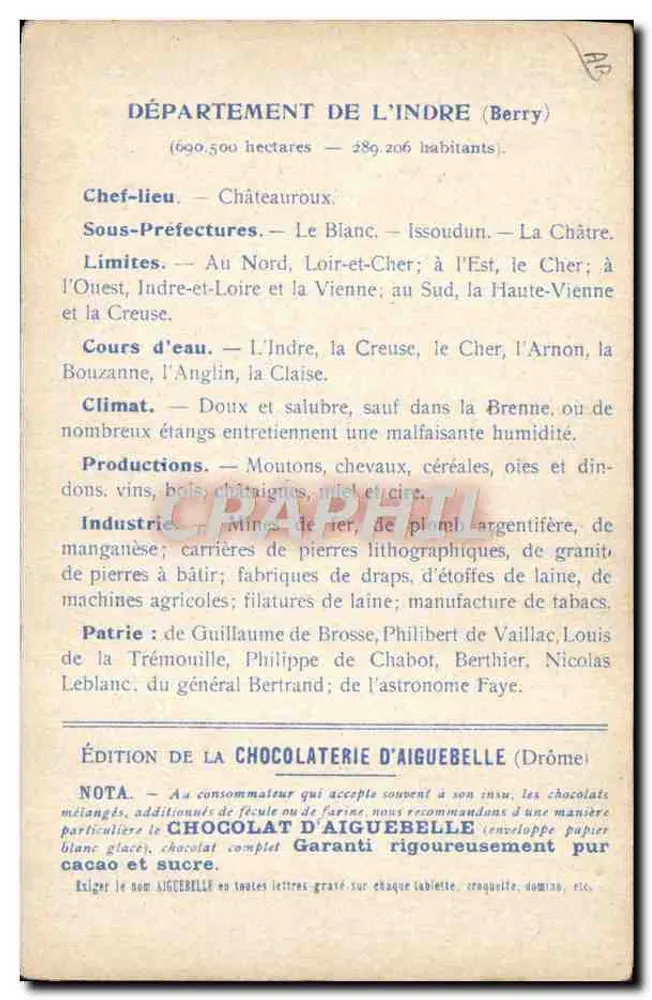 Les Départements : INDRE — Édition de la CHOCOLATERIE D'AIGUEBELLE - Rückseite