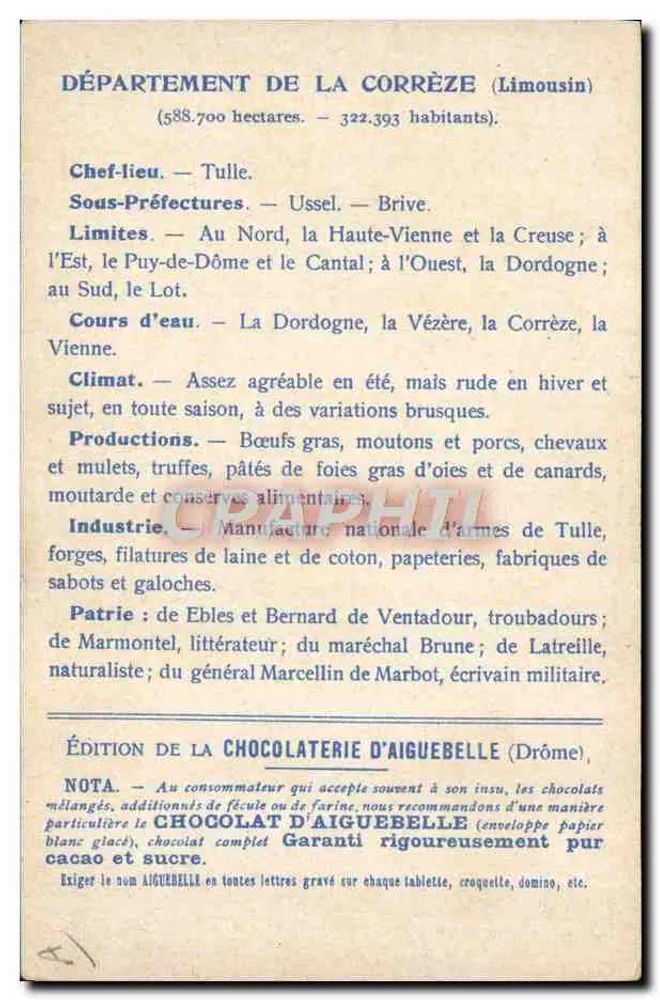 Corrèze — Geografische und touristische Karte — Ausgabe der Schokoladenfabrik Aiguebelle - Rückseite