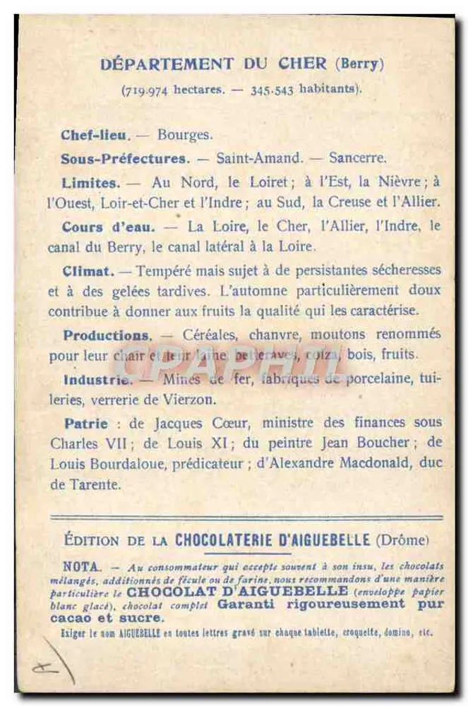Die Departemente: CHER — Ausgabe der CHOCOLATERIE D'AIGUEBELLE - Rückseite
