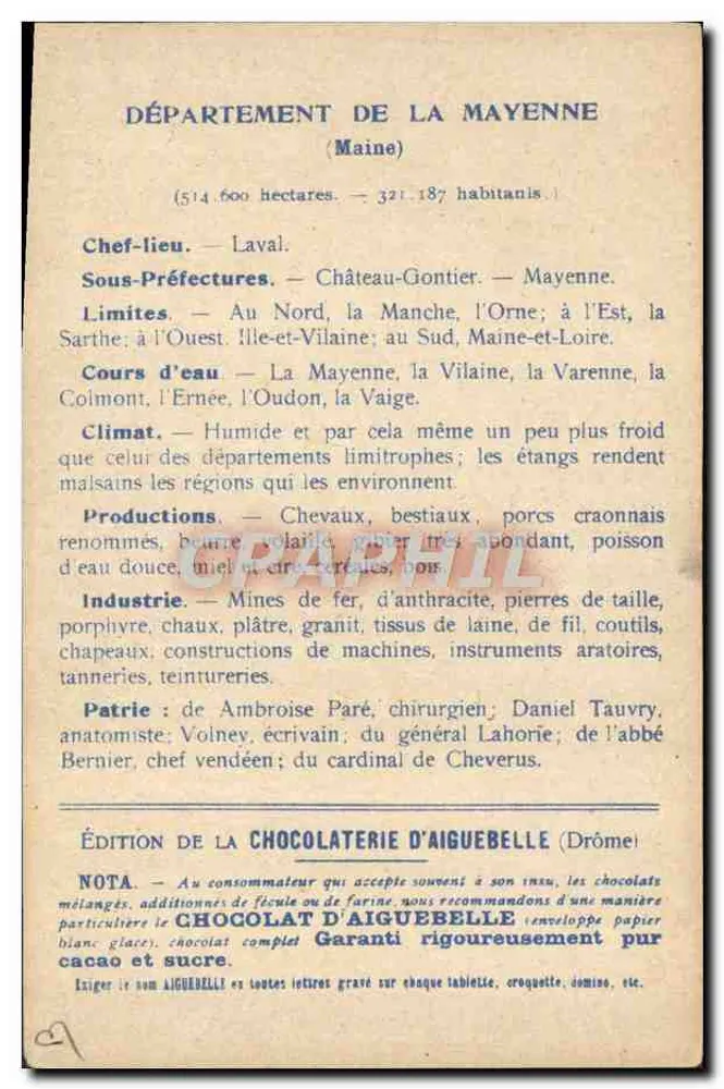 Mayenne — Karte der Departements — Ausgabe der Schokoladenfabrik Aiguebelle - Rückseite