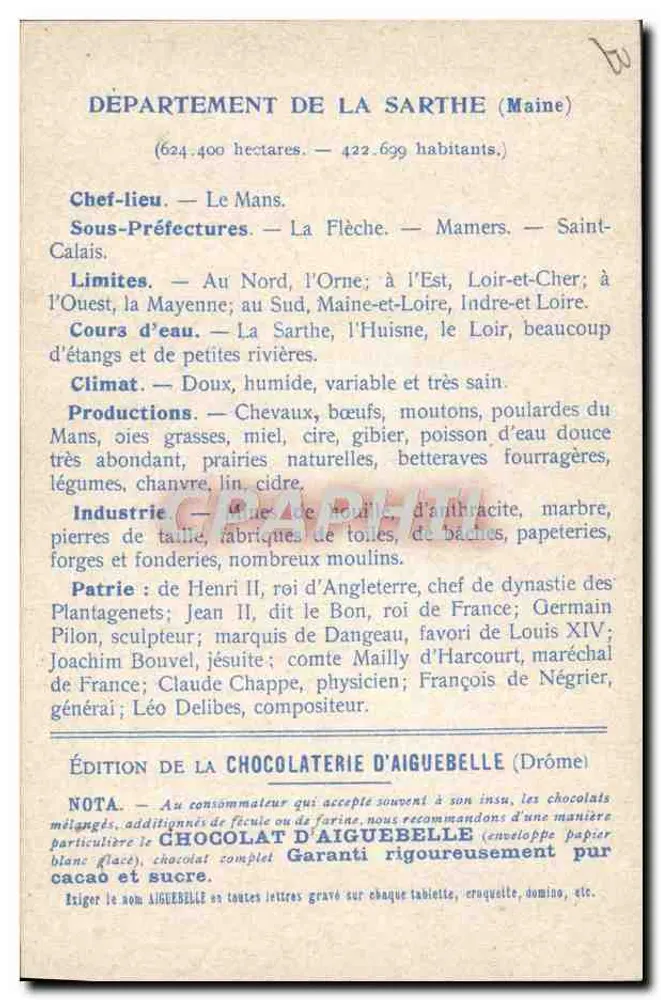 Die Departemente: SARTHE — Ausgabe der CHOCOLATERIE D'AIGUEBELLE - Rückseite