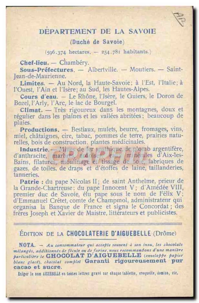 Savoie — Die Departemente: Savoie — Edition der Chocolaterie d'Aiguebelle - Rückseite