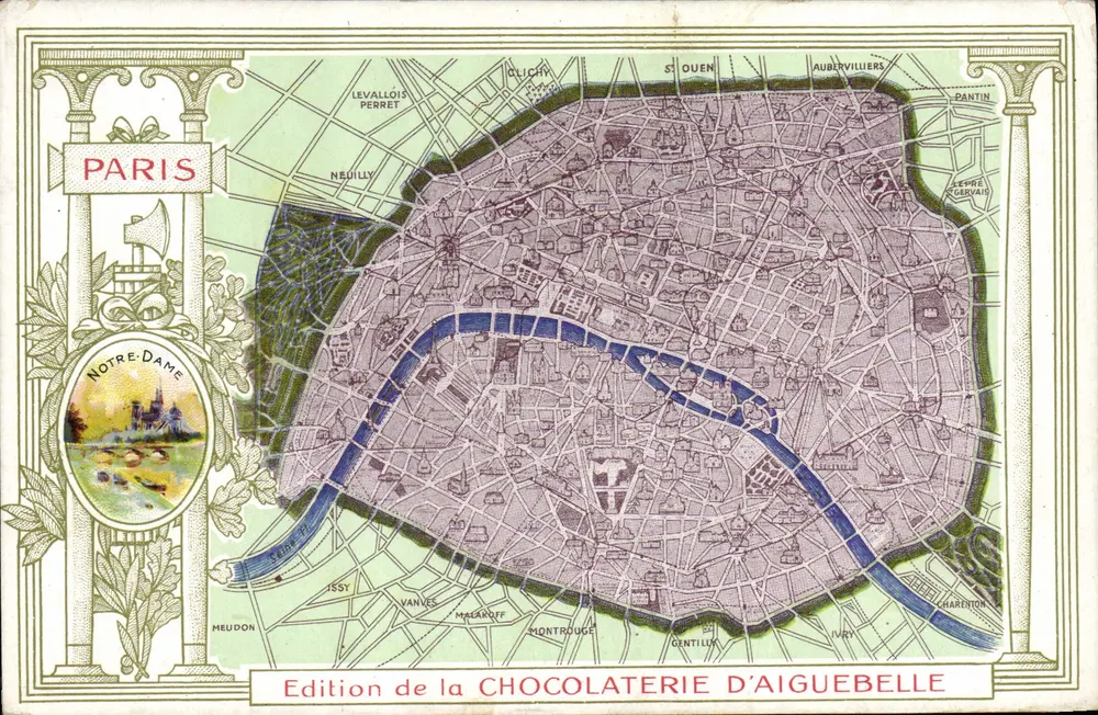 Paris — Ansichtskarte mit Karte — Edition der Schokoladenfabrik Aiguebelle - Vorderseite