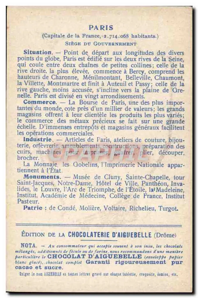 Paris — Ansichtskarte mit Karte — Edition der Schokoladenfabrik Aiguebelle - Rückseite