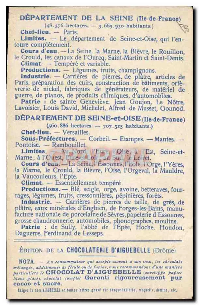 Die Departemente: SEINE & SEINE-ET-OISE : — Ausgabe der CHOCOLATERIE D'AIGUEBELLE - Rückseite