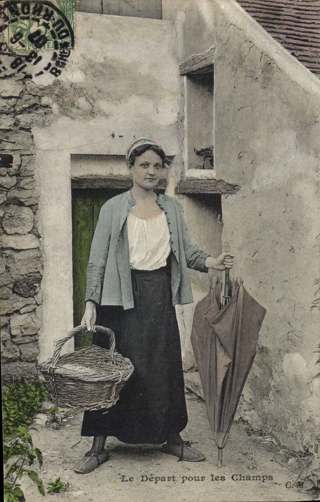 Frau mit Korb und Schirm — Der Abgang zu den Feldern — C. Malcuit, phot. Verlag Paris, 5. Serie N° 49 - Vorderseite
