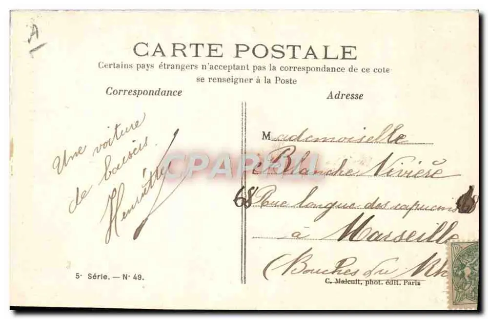 Frau mit Korb und Schirm — Der Abgang zu den Feldern — C. Malcuit, phot. Verlag Paris, 5. Serie N° 49 - Rückseite