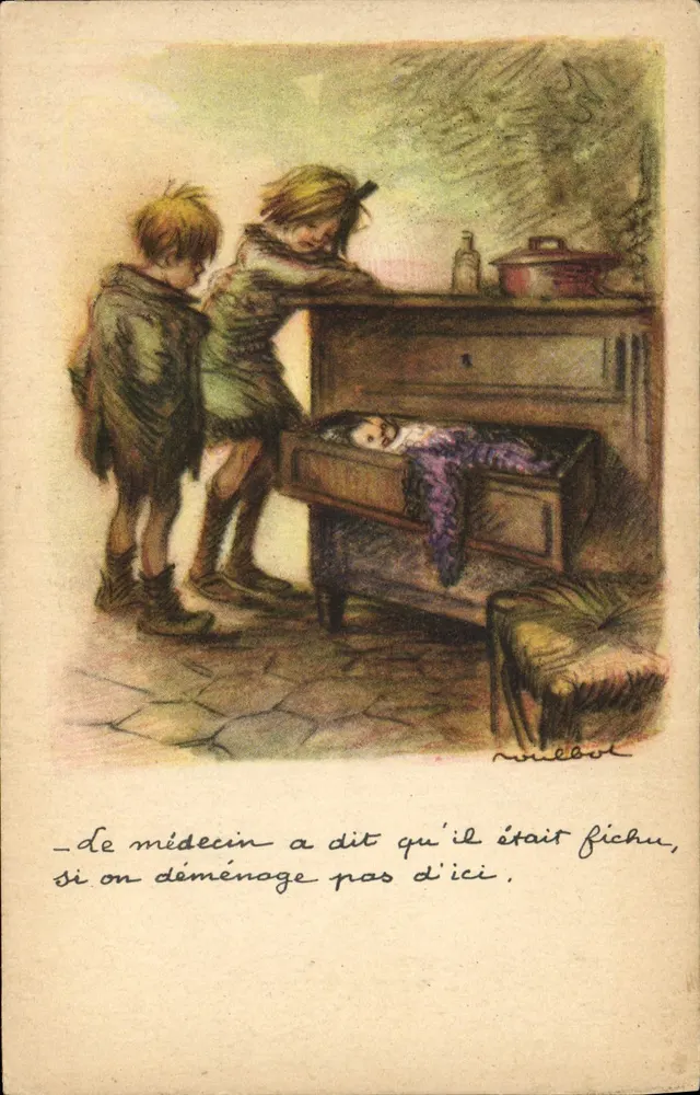 Zwei Kinder, die ein krankes Kind in einem Kasten beobachten — Illustration von Nielbot — Nationale Liga gegen Slums - Vorderseite