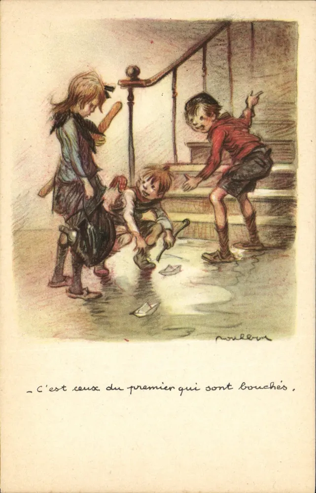 Kinder, die mit Papierbooten spielen — Illustration von Poulèvre — Nationale Liga gegen Slums - Vorderseite