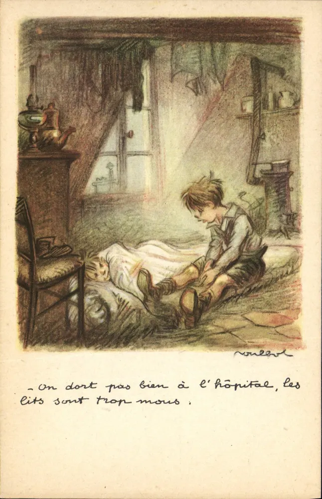 Kind im Krankenhaus — Illustration von N. Rabel — Nationale Liga gegen Slums - Vorderseite
