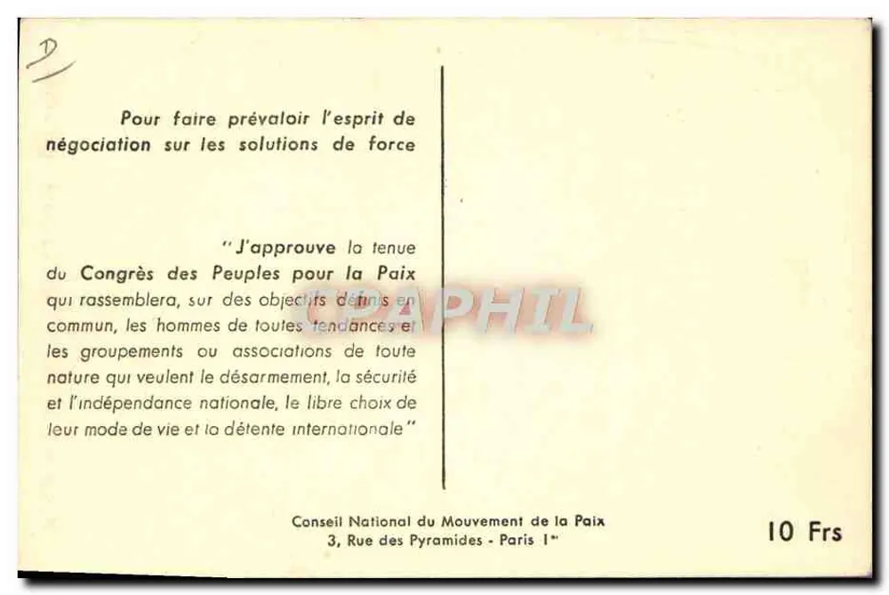 Dove et visage — Congrès des Peuples pour la Paix — Piringa - Verso