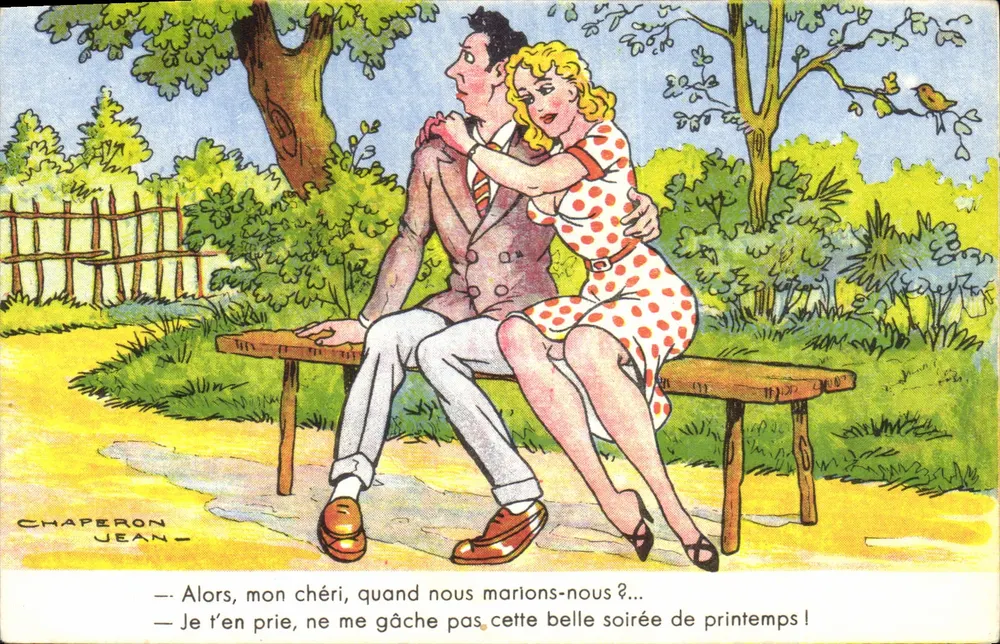Casal amoroso em um parque — cena de primavera — Chaperon Jean, série Humorística 558 - Frente